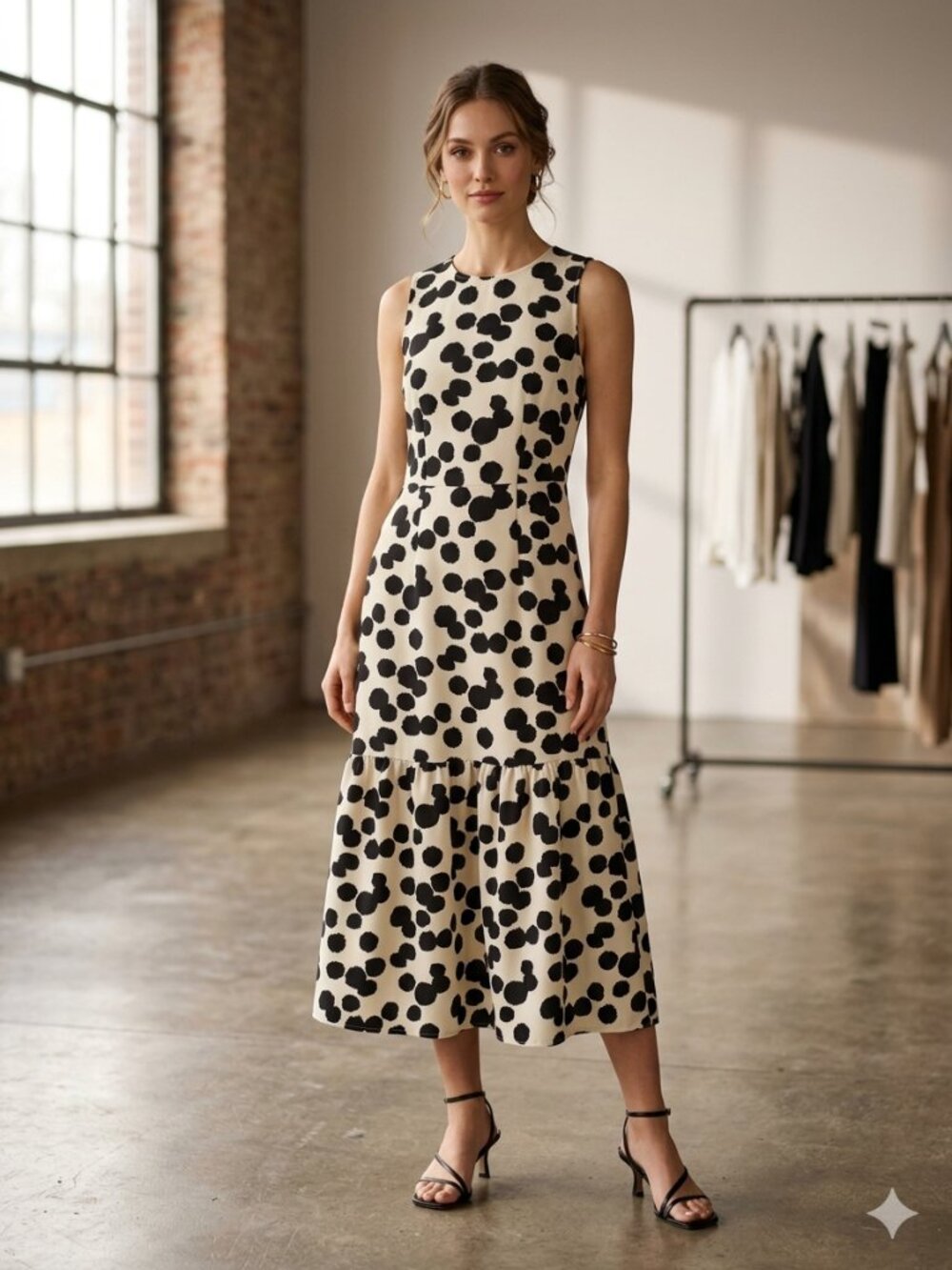 Who What Wear Crew Neck Ruffle Tiered Midi Dress Off-White/Black XS